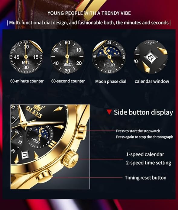 OLEVS Men's Leather Analog Quartz Watch - Luxury Chronograph Wristwatch With Date, Waterproof, Luminous - Dress Style