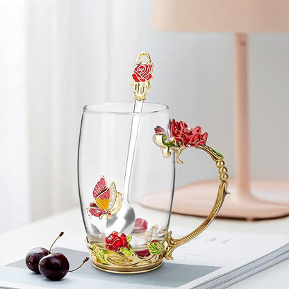 OEAGO Gifts for Women Mom Mothers Tea Cup Best Birthday Butterfly Rose Gifts for Her from Daughter Son Glass Coffee Christmas Enamels Mug Lead-Free with Spoon Set