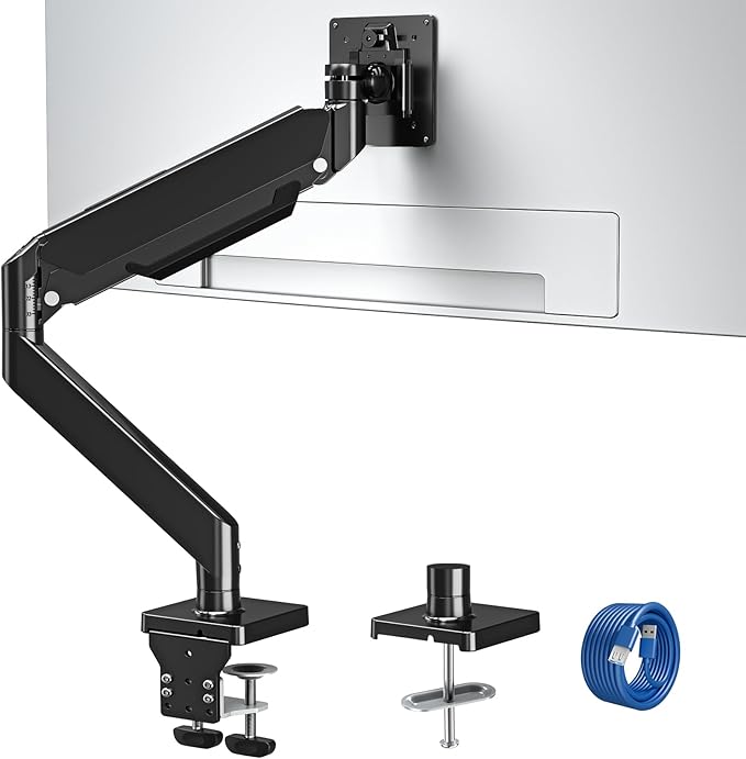 MOUNTUP Single Monitor Mount with USB Fits 49 42 40 35 34 32 27 24 inch Large Screen, Heavy Duty Monitor Arm, Gas Spring Monitors Stand for Desk, Holds 4.4-33 lbs, Ultrawide Monitors Arm, VESA Mount