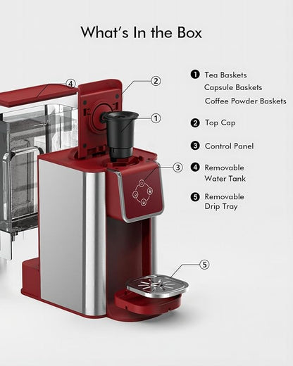 Single Serve Coffee Maker - 3-in-1 K Pod Coffee Machine, Ground, Leaf Tea, 50oz Reservoir, Red