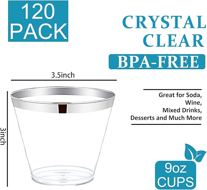 WELLIFE 120PCS Silver Disposable Plastic Cups,9 oz Clear Plastic Cups,Disposable Wine Glasses for Party and Wedding