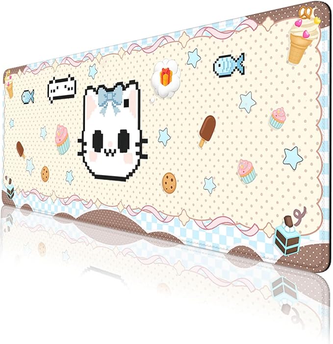 Pixel Cat Desk Mat Cute Kawaii Cartoon Cake Kitten Extended Gaming Mouse Pad Mat with Stitched Edge Non-Slip Base Big Mousepad 31.5"x11.8"