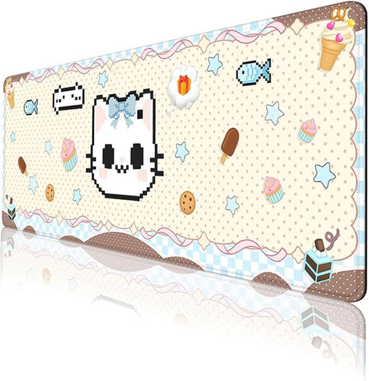 Pixel Cat Desk Mat Cute Kawaii Cartoon Cake Kitten Extended Gaming Mouse Pad Mat with Stitched Edge Non-Slip Base Big Mousepad 31.5"x11.8"
