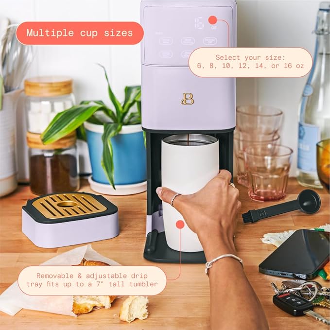 Beautiful Single Serve Coffee Maker with Built-In Burr Grinder, Hot or Iced, Pod-Free, 6 Brew Sizes, 3 Strengths, Touch Display, Reusable Filter, 64oz Reservoir, Slim Design (Lavender)