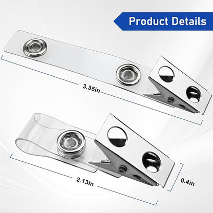 100Pcs Premium Metal Badge Clips with Clear PVC Straps for ID Cards, Badge Holders, Name Tags, Work Badges