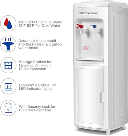 Giantex Top Loading Water Cooler Dispenser 5 Gallon Normal Temperature Water and Hot Bottle Load Electric Home with Storage Cabinet, White