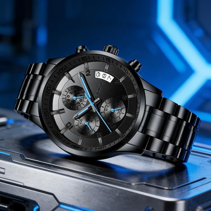 CRRJU Men's Fashion Stainless Steel Watches Date Waterproof Chronograph Wristwatches,Black Steel Band Waterproof Quartz Watch for Men