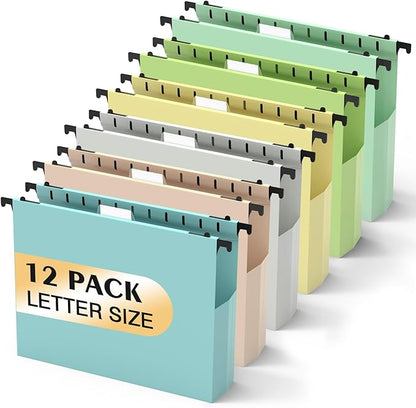 Extra Capacity Plastic Hanging File Folders,12 Pack Reinforced Hang Folder,Heavy Duty 2 Inch Expansion,Filing Cabinet Folders Letter Size for Bulk Files/Medical Charts (Morandi Colors)