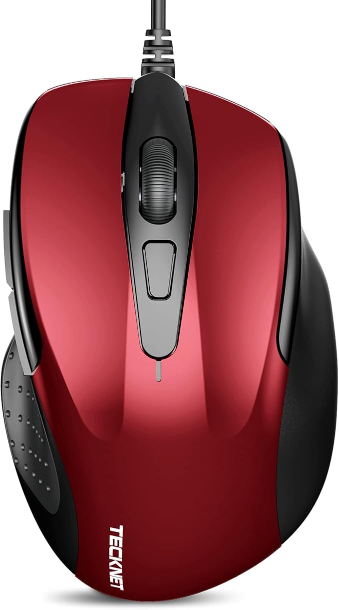TECKNET USB Wired Mouse, 6-Button Corded Computer Mouse with 4 Adjustable DPI, Optical Computer Mice with Ergonomic Design and 5FT Cord for Laptop, Chromebook, PC, Desktop, Mac, Notebook - Dard Red