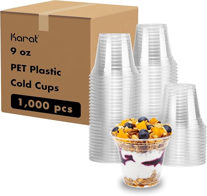 Karat [1000 ct] 9oz Plastic Cups, Clear Disposable Cold Cup for Dessert, Fruit, and More, 92mm (C-KC9)