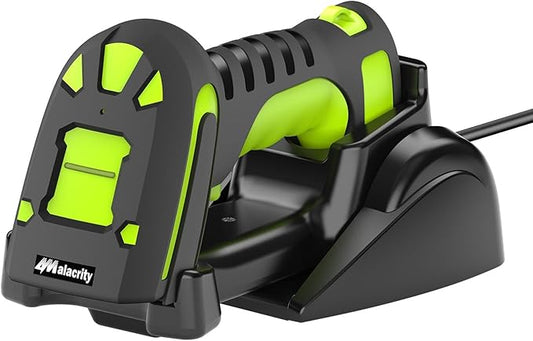 Alacrity Upgraded 2D Industrial Barcode Scanner with Wireless Charging Stand, 1968 Feet Transmission Distance 433Mhz Wireless & Bluetooth 2in1 Barcode Reader, Shock Dust Proof Hands Free, Green