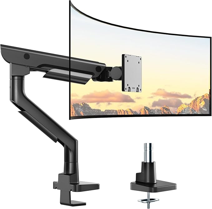 monTEK Sleek Aluminum Monitor Arm for 17–57” Ultrawide Screens up to 59 lbs, Heavy Duty Single Monitor Arm Desk Mount, Pneumatic Lift, Quick-Release Plate, Clamp/Grommet, Max VESA 100x100