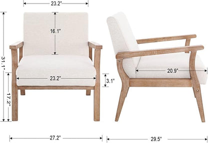 Wahson Comfy Living Room Chairs Set of 2, Linen Upholstered Accent Chairs, Farmhouse Armchairs with Natural Wood Frame, Oversized Decorative Chair for Bedroom, Beige