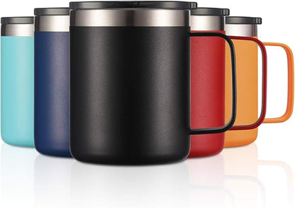 ALOUFEA 12oz Stainless Steel Insulated Coffee Mug with Handle, Double Wall Vacuum Travel Mug, Tumbler Cup with Sliding Lid, Black