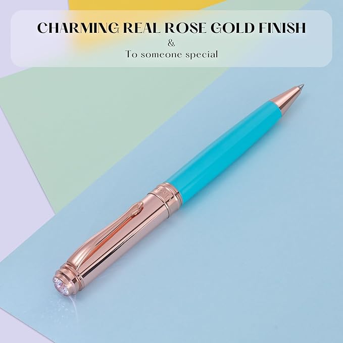 Luxury Gel Pen, Top Set With 8mm Brilliant Diamond,Delicate Green Pen Lacquer,Rose Real Gold Finish, Black Ink Refill,Fancy Gift Pen For Girl, Unique, Professional, Office Pens
