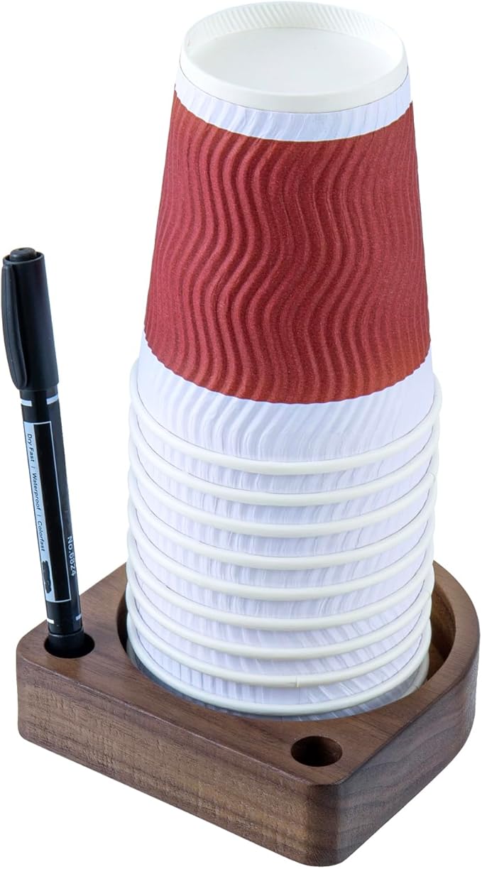 MyGift Dark Walnut Solid Wood Tabletop Guest Party Cup Holder Dispenser with Marker Pen Slots