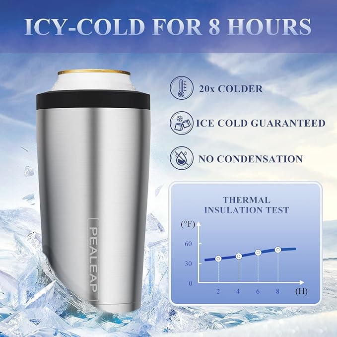 4 in 1 Insulated Slim Can Cooler for 12 OZ Cans and Beer Bottle - Keep 8 Hours Cold, Easy to Hold - Stainless Steel Can Holder, Double Walled Can Insulator for Hard Seltzer and More (Stainless Steel)