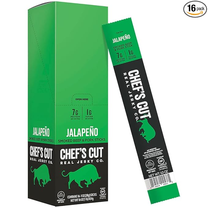 Chef’s Cut Real Snack Sticks | High Protein Meat Snack Sticks with 8g Protein, Gluten Free, Keto-Friendly| Premium Smoked Beef & Pork Blend | Jalapeño Heat | 1 oz Stick (16-Count Bag)