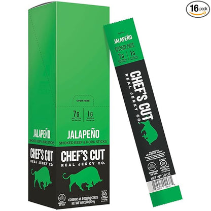 Chef’s Cut Real Snack Sticks | High Protein Meat Snack Sticks with 8g Protein, Gluten Free, Keto-Friendly| Premium Smoked Beef & Pork Blend | Jalapeño Heat | 1 oz Stick (16-Count Bag)