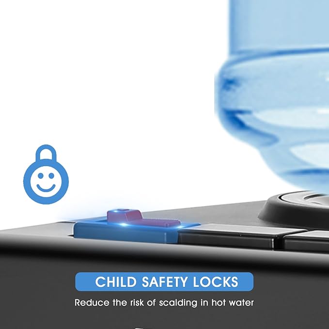 Top Loading Water Cooler Dispenser, 5 Gallon Hot & Cold Water Cooler with Freezer Cabinet, Water Dispenser with Child Safety Lock for Home Office, Apartment, Dorm, Gym