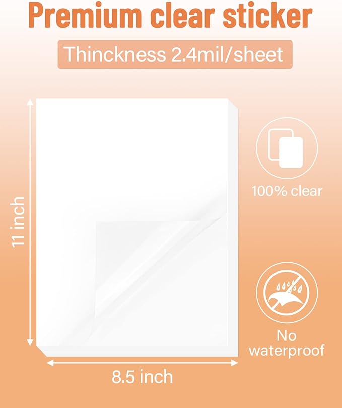 QYH Printable Vinyl Sticker Paper for Inkjet Printer Clear Labels 50 Sheets Transparent Quickly Dry Non Waterproof Transparency Glossy 8.5 x 11 Decal Paper Tear & Scratch Resistant