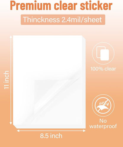 QYH Printable Vinyl Sticker Paper for Inkjet Printer Clear Labels 50 Sheets Transparent Quickly Dry Non Waterproof Transparency Glossy 8.5 x 11 Decal Paper Tear & Scratch Resistant