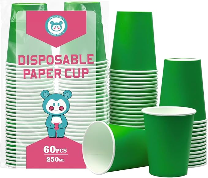 Disposable Paper Cups, 60pcs Green Paper Cups For DIY Wedding Party Picnic BBQ Travel and Event 8OZ (Green)
