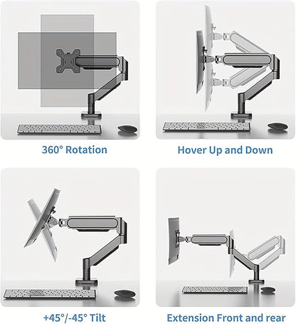 Ultrawide Monitor Arm for 13 to 32 inch Flat/Curved Computer Screen, Gas Spring Single Monitor Mount Holds up to 17.63 lbs, Clamp & Grommet Base, VESA 75x75/100x100mm, Black