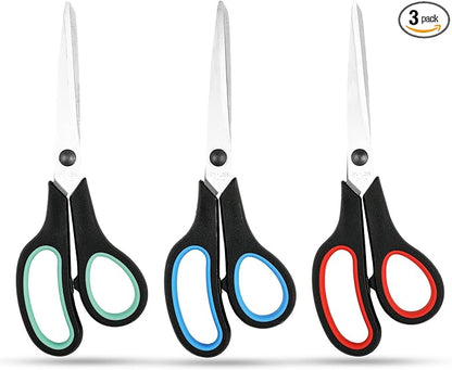 3-Pack 8" Heavy Duty Scissors with Ultra Sharp Blades and Comfort Grip Handles - For Office, Home, School, Sewing, and Crafts (Black Green/Black Red/Black Blue)