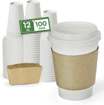 Paper Cups 12 oz Disposable Coffee Cups with Lids and Sleeves,100 Pack To Go Hot Cups with Lids & Kraft Sleeves, BPA Free Leak Proof Disposable Cups for Everyday Use Cafe Office Coffee Bar Essentials