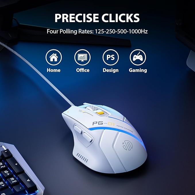 INPHIC PG1 Wired Computer Gaming Mouse Ergonomic, 12800 DPI High-Precision, 6 Programmable Buttons, RGB Backlit for Gaming - White Gray