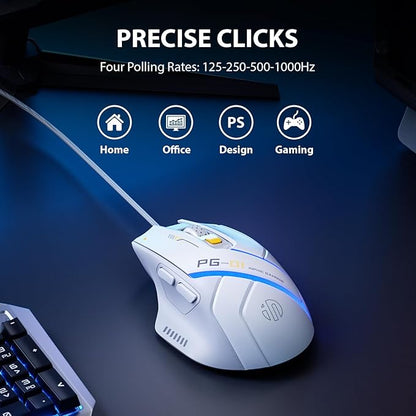 INPHIC PG1 Wired Computer Gaming Mouse Ergonomic, 12800 DPI High-Precision, 6 Programmable Buttons, RGB Backlit for Gaming - White Gray