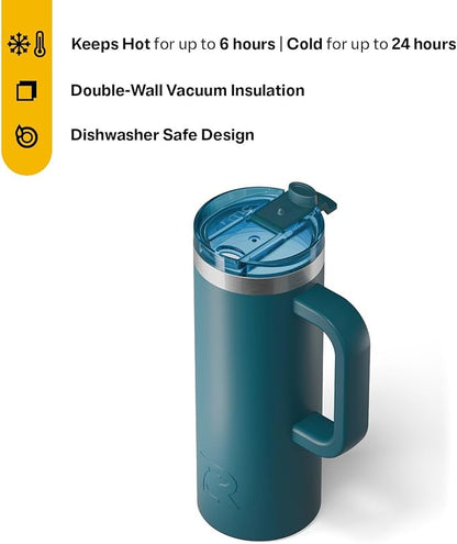 RTIC 20oz Road Trip Travel Mug with Lid and Handle, Ceramic Lined, Insulated, Stainless Steel, Metal, Double Wall Vacuum-Insulation, Portable Coffee, Tea Cup for Hot and Cold Drink, Marine