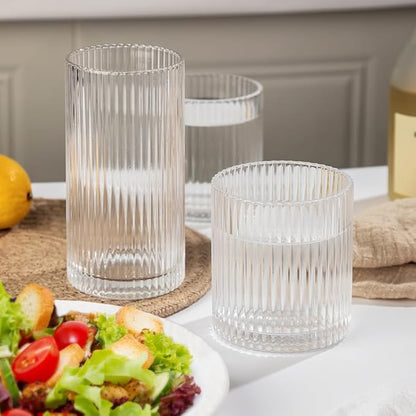 Ribbed Drinking Glasses 4pcs, 12oz and 10oz Glassware, Tumbler Glasses Cup Set for Wedding, Party, Christmas Gift, Clear