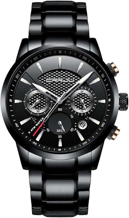 CRRJU Men's Business Casual Chronograph Quartz Waterproof Wristwatch Black Leather Strap