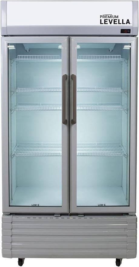 PremiumLevella PRN2110DX Glass Door Display Refrigerator 21.1 cu ft Commercial Beverage Cooler Merchandiser With Customizable Lightbox - Silver