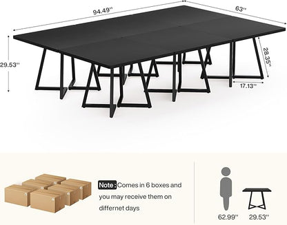 Tribesigns 31.5" Square Conference Table Set of 6, 8 ft Industrial Office Meeting Table for 8-10 People, Business Podcast Furniture with Metal Base for Small Spaces, Office Conference, Black