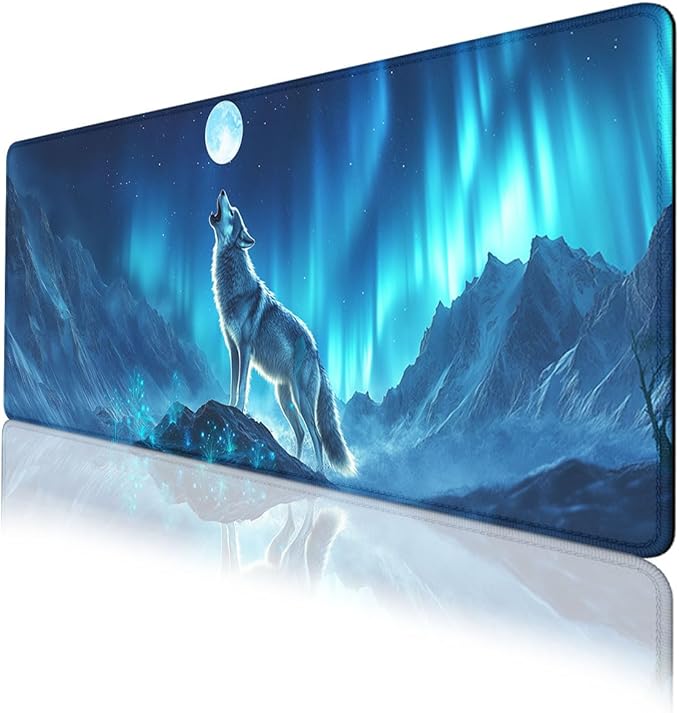 Howling Wolf Desk Pad Mouse Pad Northern Lights Full Moon Aurora Large Gaming Mouse Mat with Stitched Edges,Non-Slip Waterproof Rubber Base Mous Mat 31.5"x11.8"