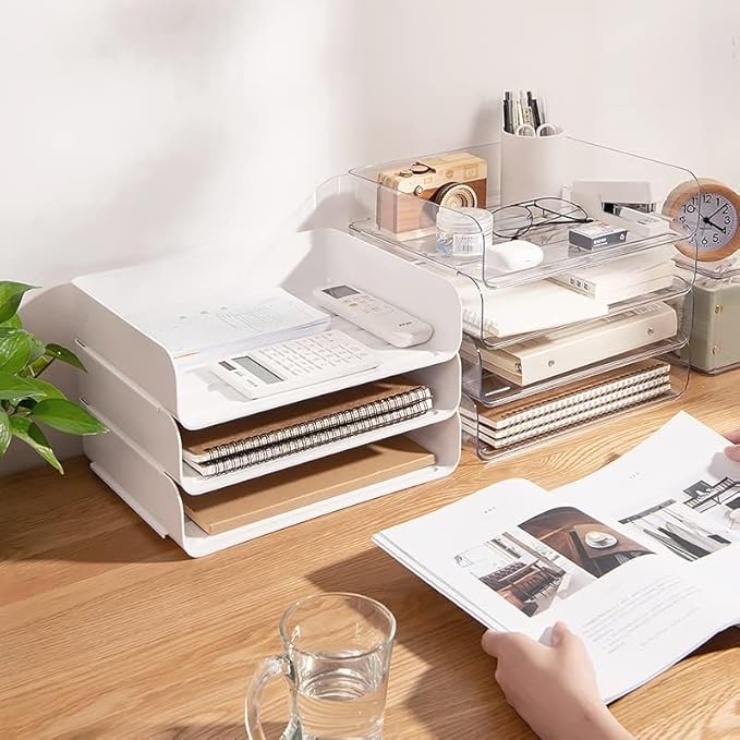 3 Tiers Stackable A4 Paper Trays, Office Desk File Holder, Tidy File Document Letter Book Paper Organizer (3 Tiers,White)