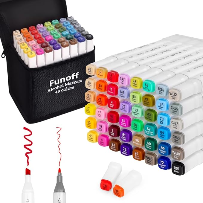 Funoff Alcohol Markers, 48 Colors Fine & Chisel Dual Tip Art Markers, Permanent Sketch Marker for Adult Coloring, Drawing, Sketching, Illustration