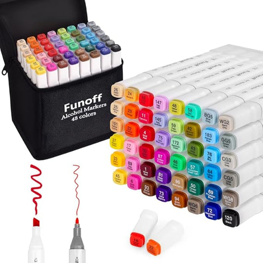Funoff Alcohol Markers, 48 Colors Fine & Chisel Dual Tip Art Markers, Permanent Sketch Marker for Adult Coloring, Drawing, Sketching, Illustration