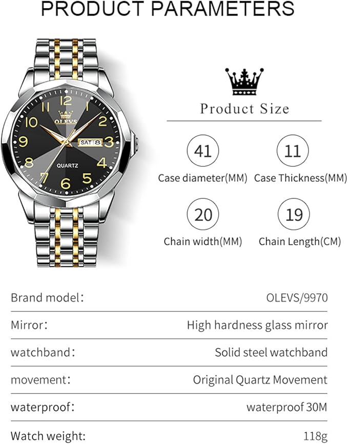 OLEVS Watch for Men Luxury Dress Analog Quartz Stainless Steel Waterproof Luminous Date Diamond Business Two Tone Casual Wrist Watch