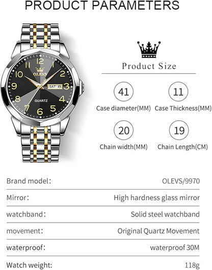 OLEVS Watch for Men Luxury Dress Analog Quartz Stainless Steel Waterproof Luminous Date Diamond Business Two Tone Casual Wrist Watch