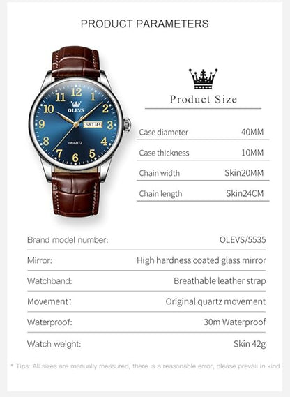 OLEVS Mens Watches Vintage Leather Band Dress Classic Easy Reader Arabic Numerals Analog Quartz Waterproof Date and Day Blue/Black/White Large Face Men's Wrist Watches