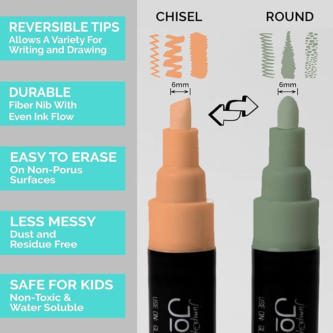JumpOff Jo – Liquid Chalk Markers – Reversible Chisel and Round Tip – Multi Color (18)
