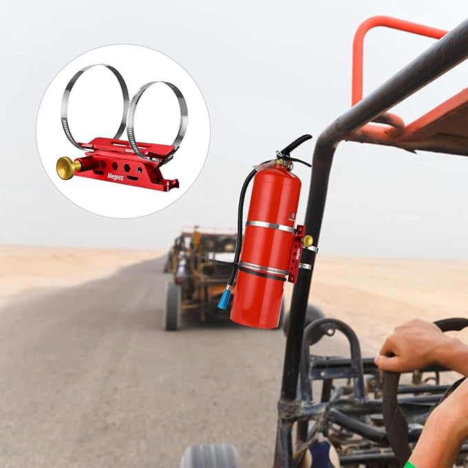 MEGREZ Adjustable Fire Extinguisher Mount Holder, Aluminum Quick Release Fire Extinguisher Holder with 8 Clamps, Compatible with Jeep Wrangler UTV Polaris RZR, Red