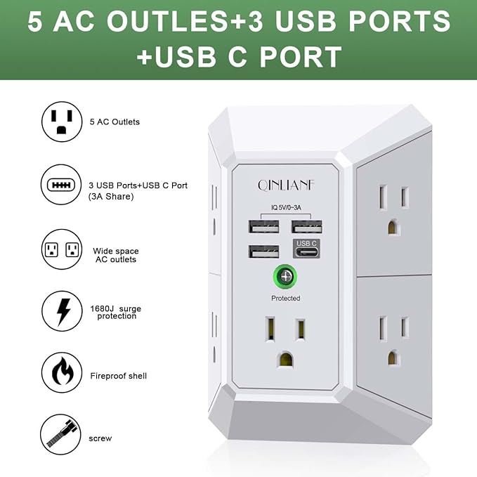 Wall Charger, Surge Protector, QINLIANF 5 Outlet Extender with 4 USB Charging Ports, 3-Sided 1680J Power Strip Multi Plug Adapter Spaced for Home Travel Office