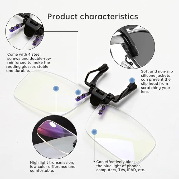 Reading Glasses Clip On and Flip Up Blue Light Blocking Magnifying Glasses Magnifiers Lenses Readers for Unisex (Transparent, 2.00)