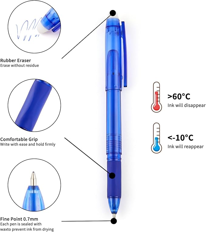 Volcanics 36 Pack Blue Erasable Gel Pens, 0.7mm Fine Point, Smooth & Fast-Drying Ink, Capped Design, Refillable School Office Pens for Students, Teachers, Note Taking & Journaling