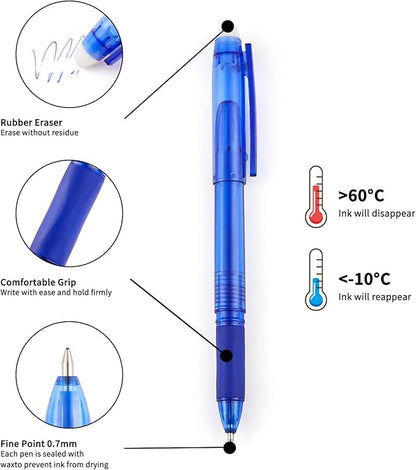 Volcanics 36 Pack Blue Erasable Gel Pens, 0.7mm Fine Point, Smooth & Fast-Drying Ink, Capped Design, Refillable School Office Pens for Students, Teachers, Note Taking & Journaling